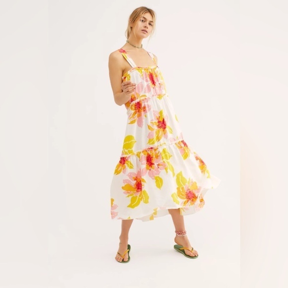 Free People Women's Moonshine Linen Blend Floral Midi Dress Neutral Boho Size M - Picture 2 of 10